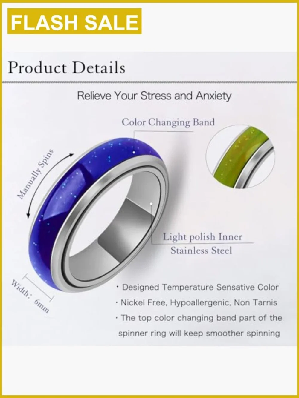 Stainless Steel Mood Fidget Spinner Ring for Anxiety Stress Relief
